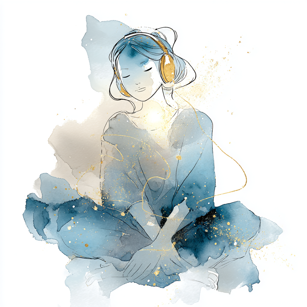 Aquarelle d'une personne sereine en séance d'hypnose à distance avec un casque, visioconsultation en ligne