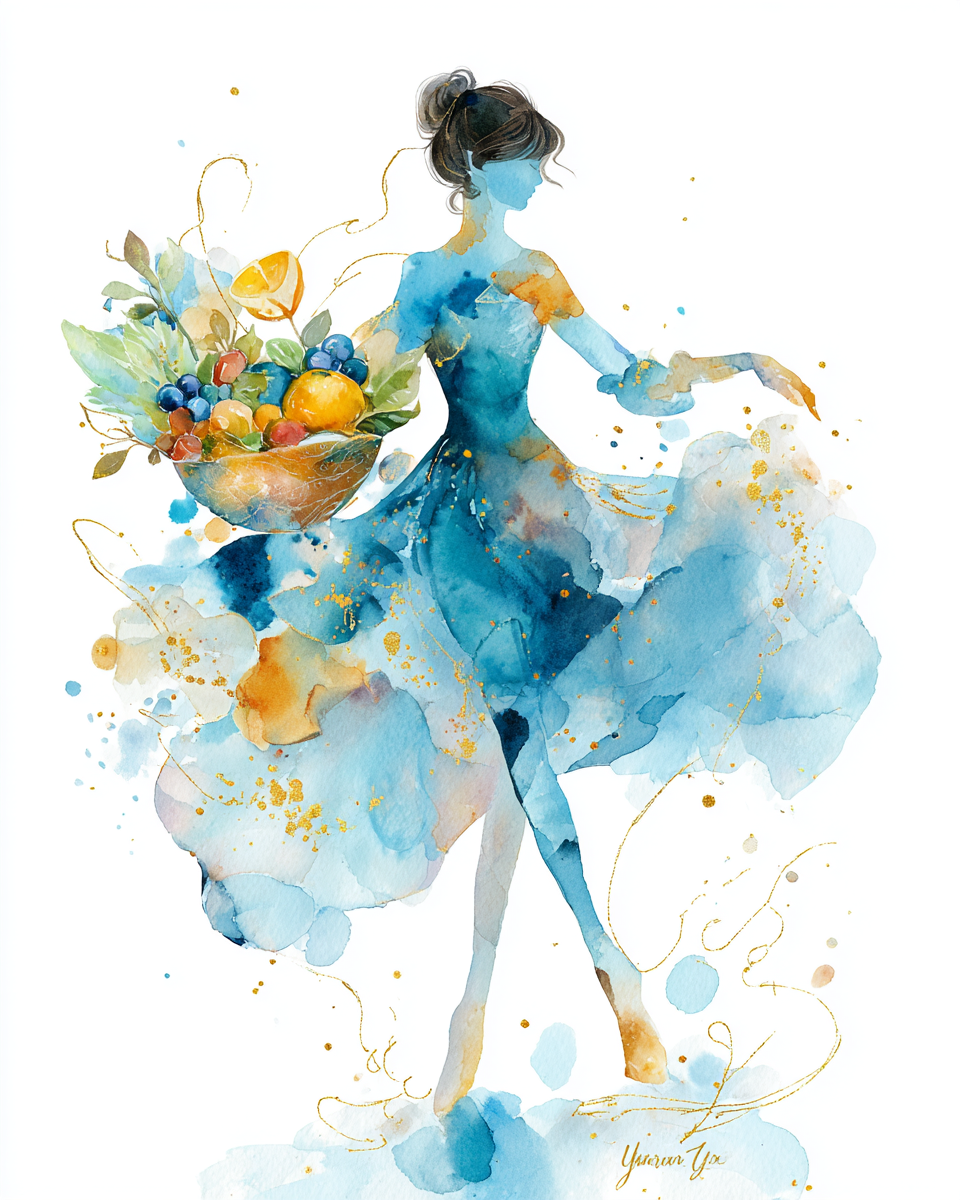 Aquarelle d'une femme légère portant une corbeille de fruits et légumes, hypnose pour l'équilibre alimentaire et maigrir à Paris