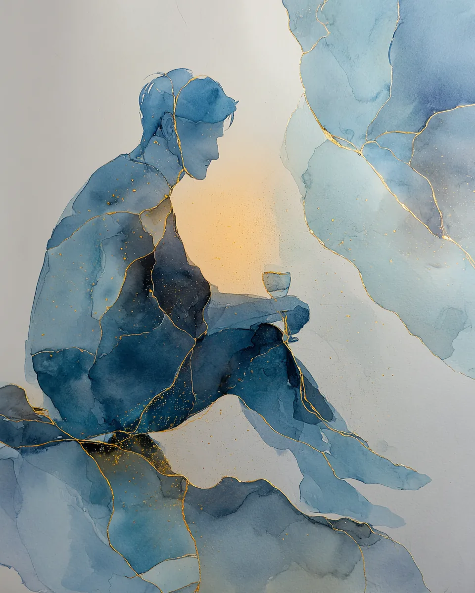 Aquarelle d'un homme se libérant de l'alcool au bord d'un précipice, hypnose pour les addictions à Paris