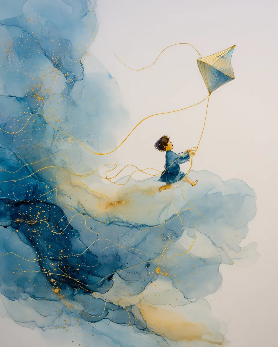 Aquarelle d'un enfant faisant voler un cerf-volant doré, hypnose pour enfants et adolescents à Paris