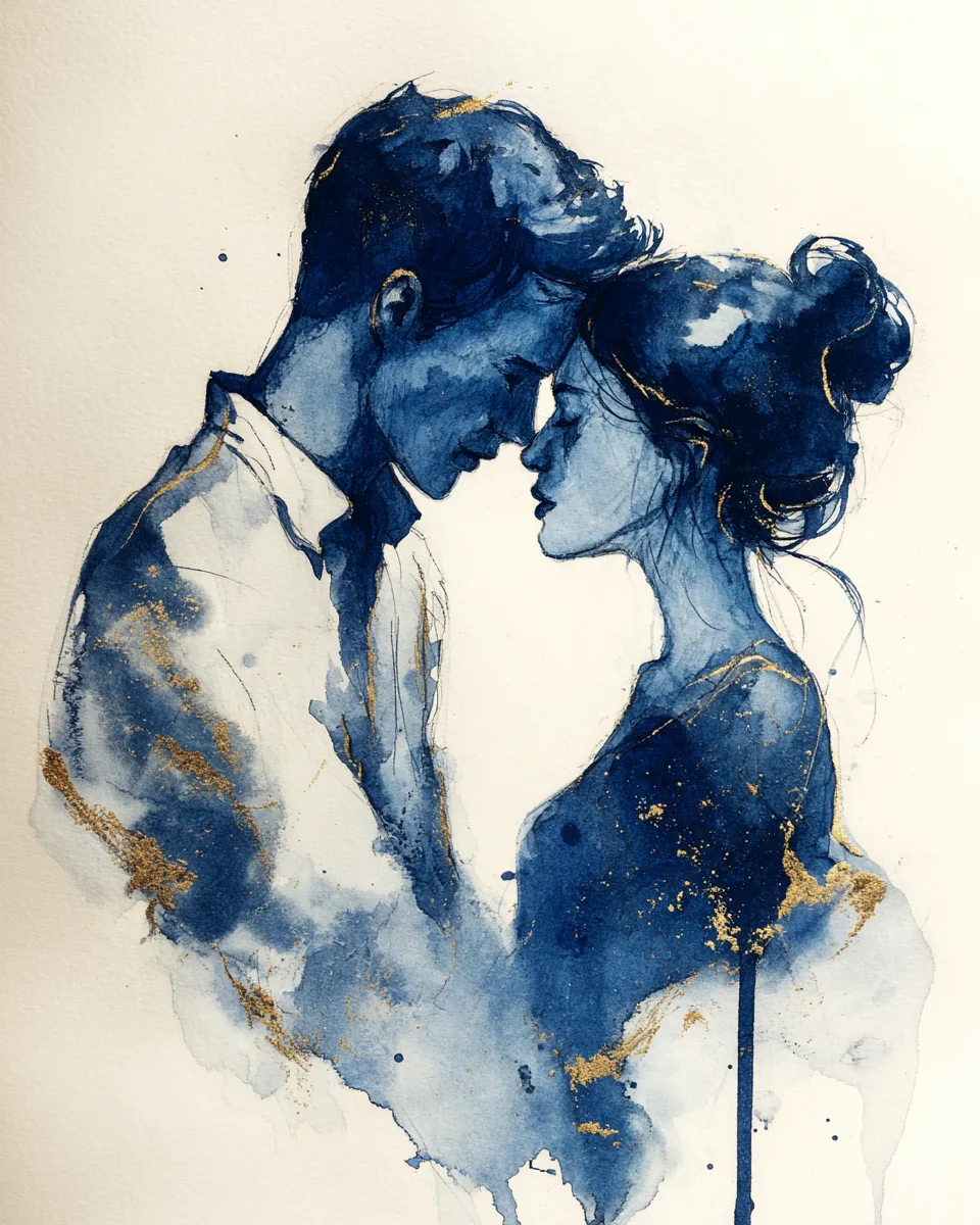 Aquarelle d'un couple front contre front en bleu et or, hypnose pour la libido et la sexualité à Paris