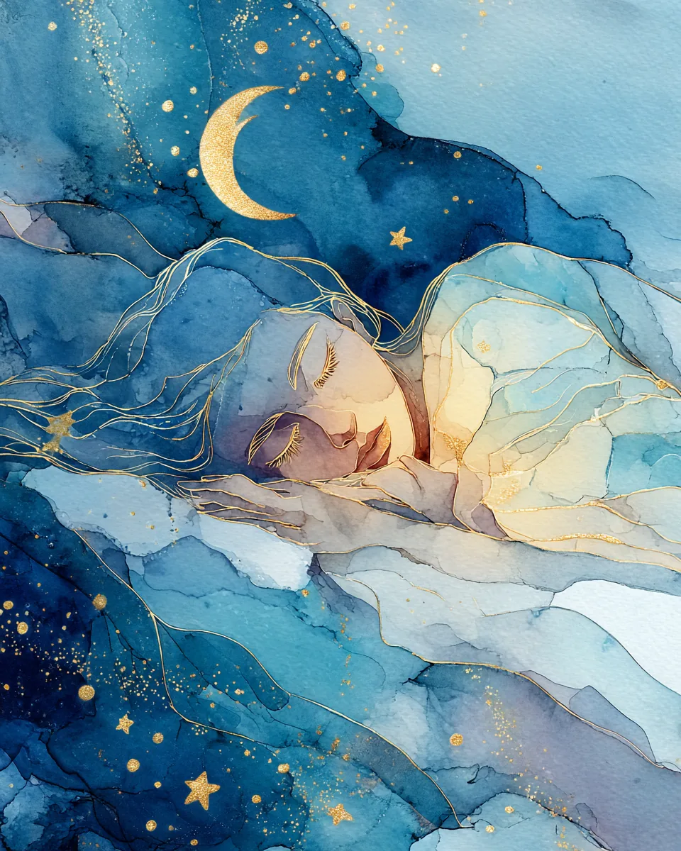 Aquarelle d'une personne paisible endormie sous la lune dorée, hypnose pour le sommeil et l'insomnie à Paris